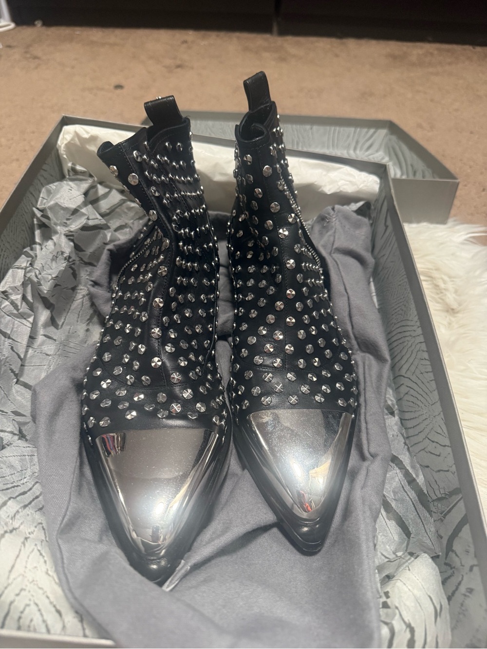 Alexander McQueen Black Studded Ankle Boots with Silver Mirror Caps